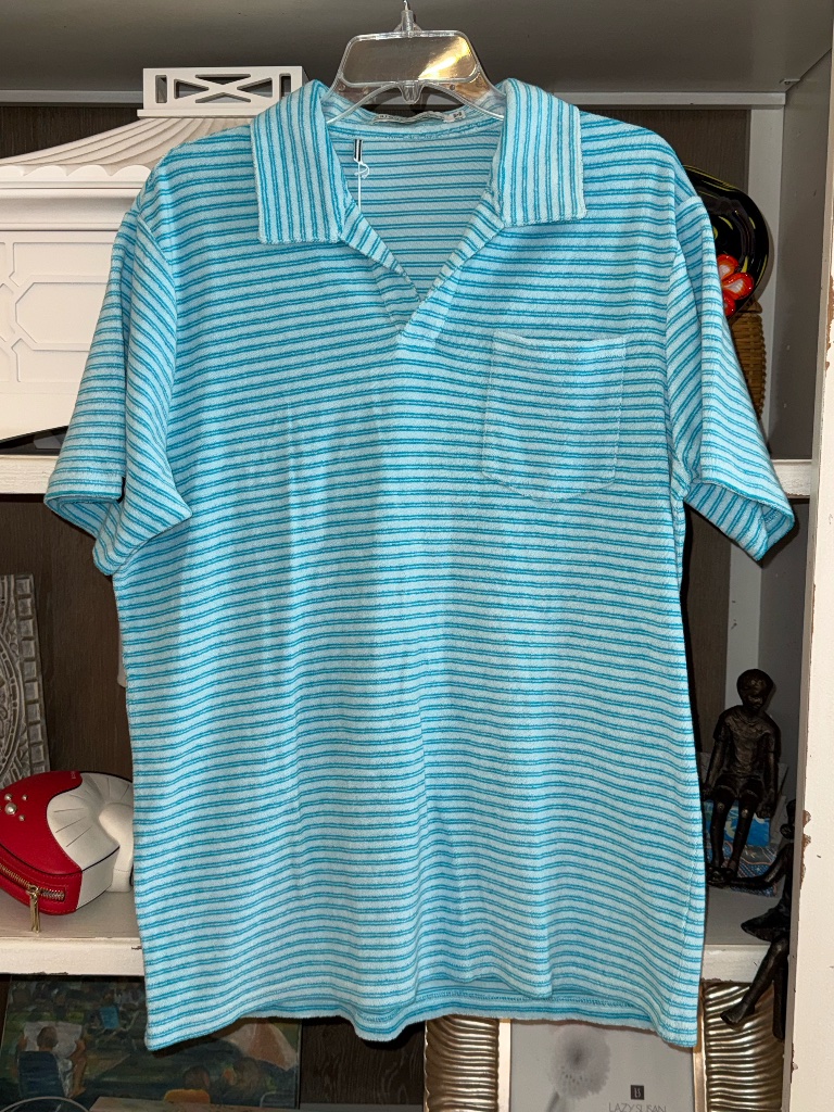 Criquet Men’s Blue Stripe Terrycloth Polo Shirt Sz L Nwt Large